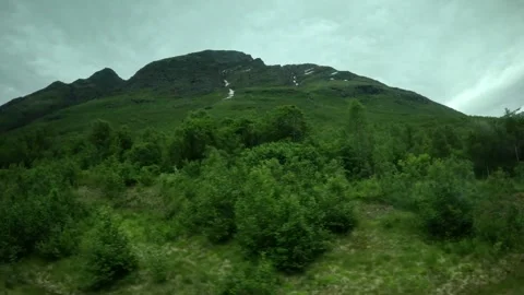 Driving side window view of birch forest and rocky mountain massif in Norway Vídeos de archivo 341272676