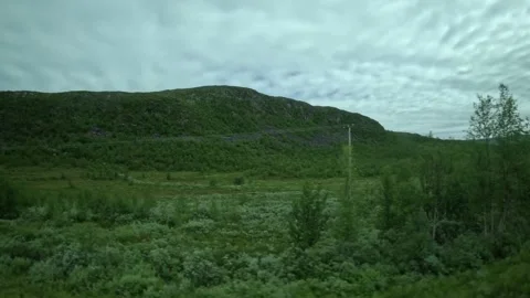 Driving side window view of green rocky fell mountain in Lapland Finland Vídeos de archivo 340960133