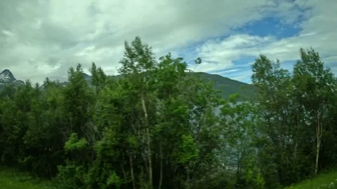 Driving side window view of roadside rest area with camper vans in Norway Vidéo 340960165
