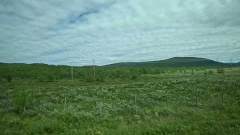 Driving side window view of tundra fells and wooden fence in Lapland Finland 库存影片 340960132