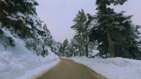 Driving on snow covered mountain forest road Stock Footage 101810919
