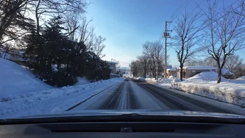 Driving Snow Covered Road Trees Asahikawa Hokkaido Japan Stock Footage 333314495