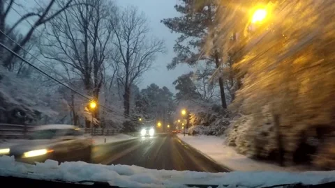 Driving in snow with lamp post lights on country road Stock Footage 230028828