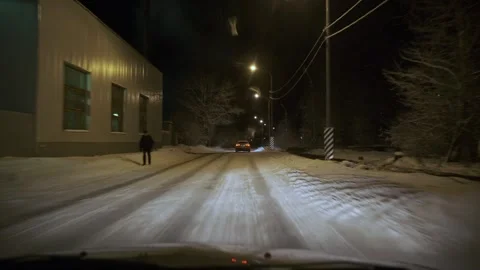 Driving on snow road in forest at night. POV Stock Footage 263195480