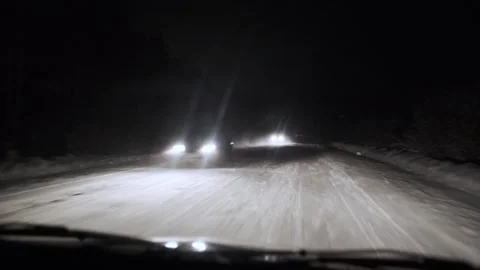 Driving on snow road in forest at night. POV Stock Footage 263304249