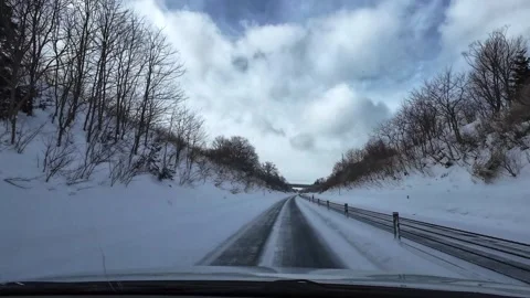 Driving in snowfall passing under bridge winter highway POV Video stock 333091325