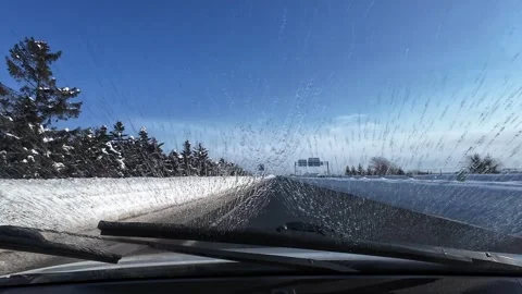 Driving snowy expressway windshield wipers trucks opposite lane Japan 스톡 동영상 333229716