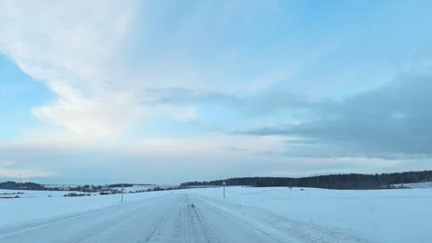 Driving on a snowy road through fields in wintertime under a cloudy sky Stock Footage 325793629
