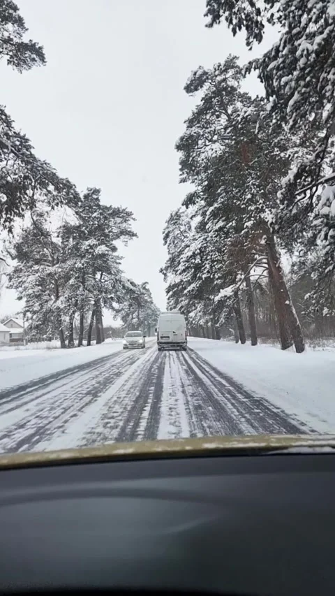 Driving on a snowy road through a winter forest. Stock Footage 333903204