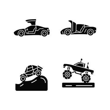 Driving specially-modified vehicles black glyph icons set on white space Stock Illustration