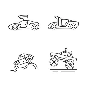 Driving specially-modified vehicles linear icons set Stock Illustration