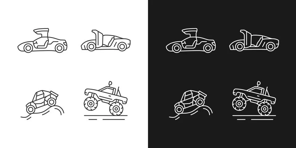 Driving specially-modified vehicles linear icons set for dark and light mode Stock Illustration
