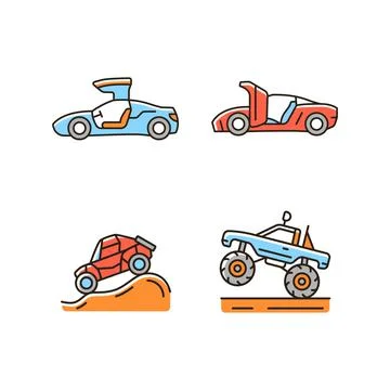 Driving specially-modified vehicles RGB color icons set Stock Illustration