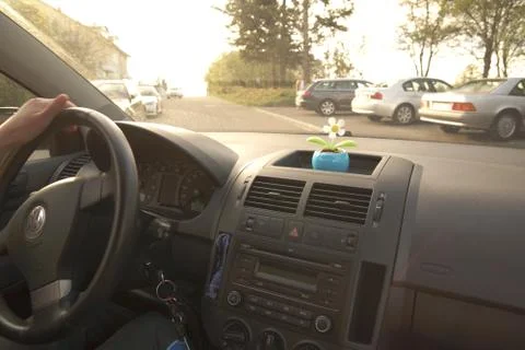 Driving in the sunset inside car Stock Photos