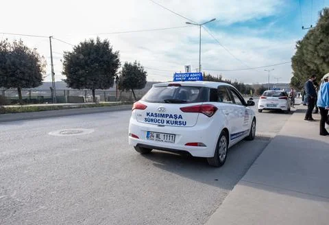 Driving test vehicles waiting for learner drivers in test day in Turkey Stock Photos