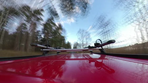 Driving Through Autumn Forest With Red Car Roof Perspective Hyper Lapse Video stock 144527627