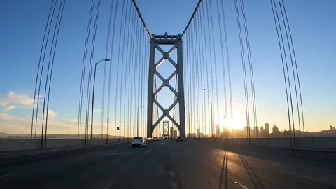 Driving through Bay Bridge - Sunset Golden Hour - 60fps Stock Footage 145991406