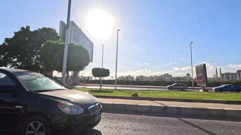 Driving Through Broad City District Roads New Cairo Showing Buildings Traffic Stock-Footage 329683955