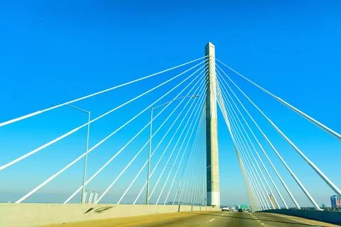 Driving through the Cable-Stayed Gerald Desmond Bridge 스톡 사진