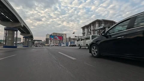 Driving Through Calm City Streets New Cairo Showing Buildings Traffic Vehicles Stock Footage 329950307