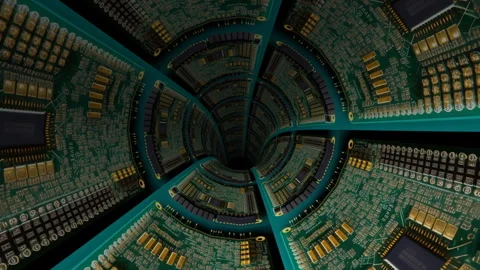 Driving through  the circuit board in a spiral pattern  creating a unique v.. Stock Footage 290051166