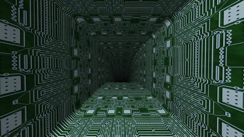 Driving through  the circuit board in a spiral pattern  creating a unique v.. Stock Footage 293746154