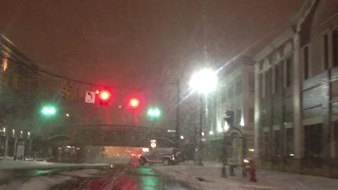 Driving Through a City in the Snow Stock Footage 73123642