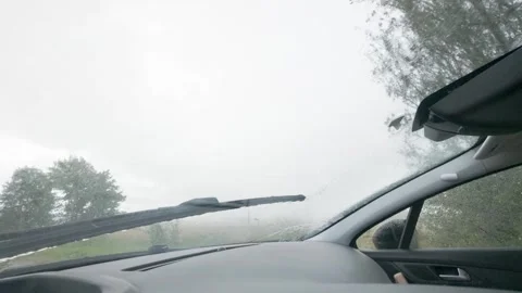 Driving Through Heavy Rain From Car Interior With Active Windshield Wipers Stock Footage 345687277