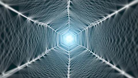 Driving through a hexagonal oscillating tunnel with light at the end Stock Footage 248986006