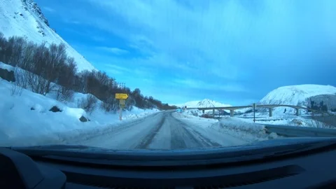 Driving through Highway E10 Lofoten, traveling from Leknes to Henningsvær. Stock Footage 335507313