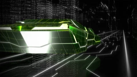 Driving Through Online Network City In Digital Code Design Green Sport Car Stock Footage 169514429