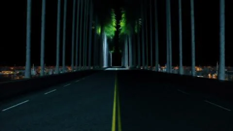 Driving through palm trees on an road at night 3D rendering Stock Illustration