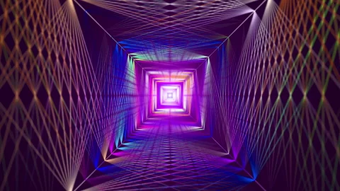 Driving through a quadrangular multi-colored tunnel with light at the end Stock Footage 248986089