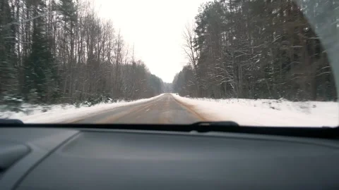 Driving Through a Snow-clad Forest. Magic Car Trip on the Road by Pine Forest Stock Footage 335584838