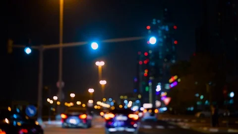Driving through the street. City lights. Bokeh out-of-focus video. Stock Footage