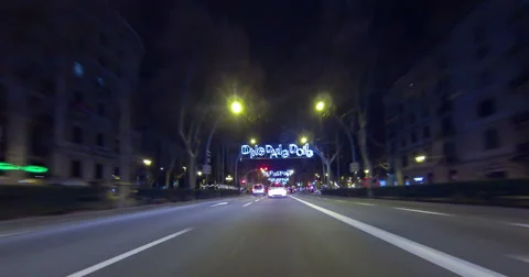 Driving through the streets of Barcelona with Christmas lights.Time Lapse (03) Stock Footage 59184663
