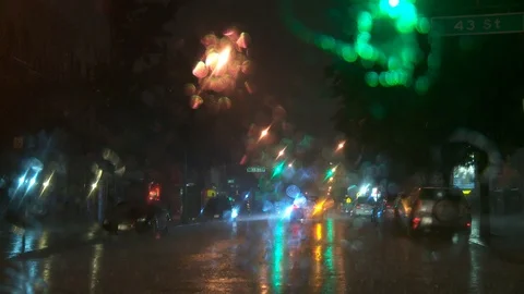 Driving through streets during thunder &amp; lightning storm with heavy rain, night. Vídeo Stock 108063801