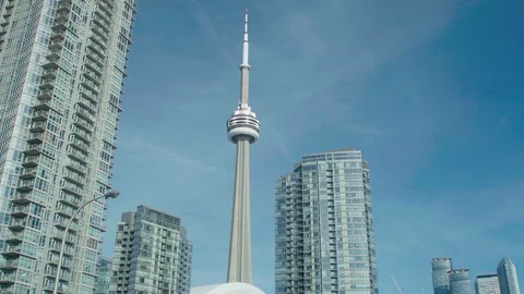 Driving through Toronto Downtown. 4K Business Center. CN Tower in daylight . Stock Footage 122647661