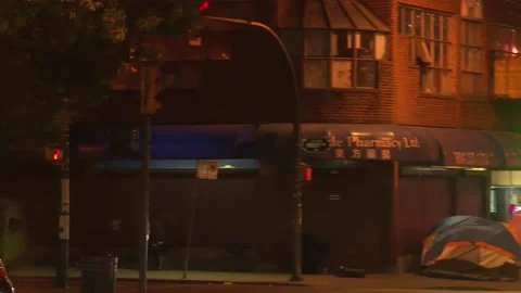 Driving Through Vancouver BC's Downtown Eastside Encampment Stock Footage 218448079