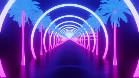 Driving through Virtual Reality the purple palm trees of the 80s Synthwave in 4K Stock Footage 196870164