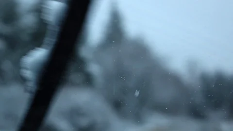 Driving trough the forest with snow on windshield Stock Footage 122221600