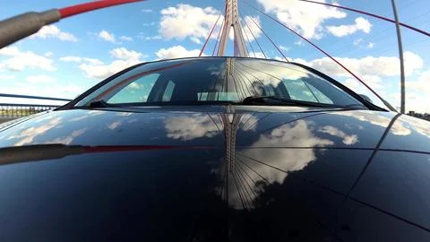 Driving Under Modern Cable-Stayed Bridge Front View Stock Photos