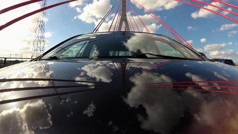 Driving Under Modern Cable-Stayed Bridge Front View Stock Photos