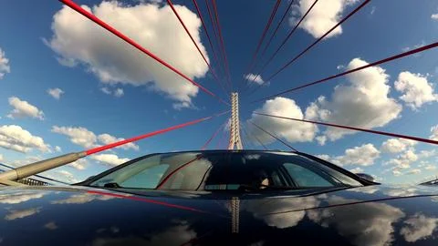 Driving Under Modern Cable-Stayed Bridge Front View Stock Photos