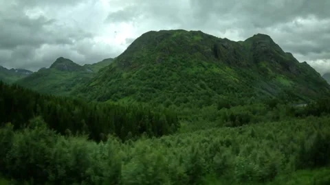 Driving view past dense green forest and steep mountain slopes in Norway Vídeos de archivo 343833876