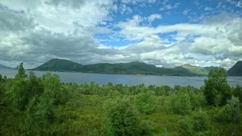Driving view past green trees towards scenic fjord and mountains in Norway Stock-Footage 343380206