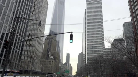 Driving on Westside Highway with Freedom Tower and cars in winter snow NYC Stock Footage 59780705