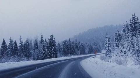 Driving on the winter forest road in heavy snowfall, beautiful landscape Stock Footage