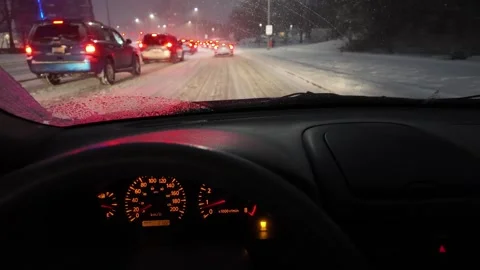 Driving in Winter at Night With Check Engine Light Illuminated Stock Footage 302678815