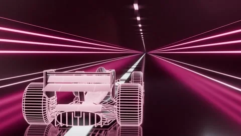 Driving wireframe racecar gliding past dashed stripe in neon tunnel as camera Stock Footage 337904241